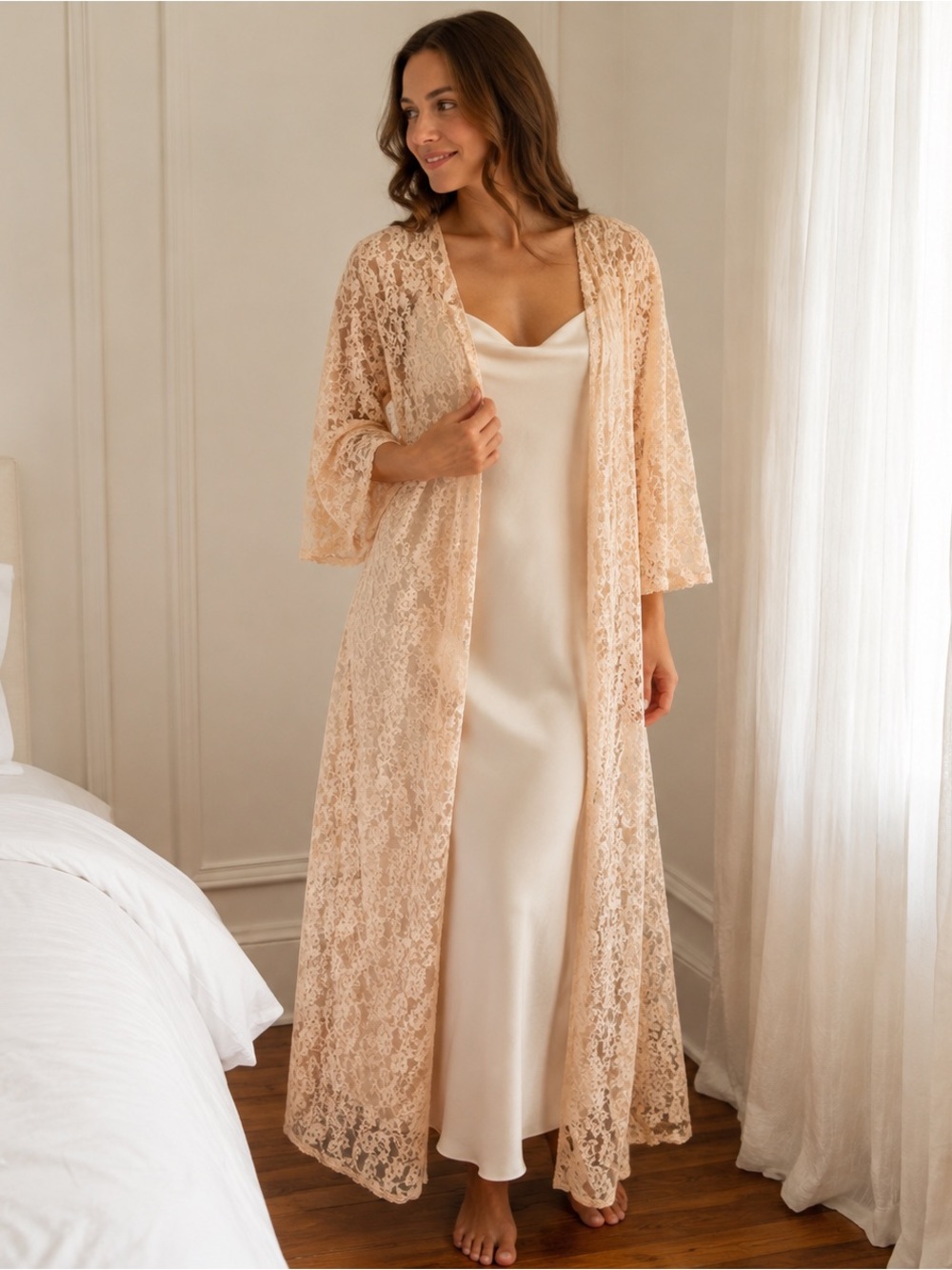 Vintage Olga All-Lace Blush Pink Maxi Peignoir Robe Duster OS